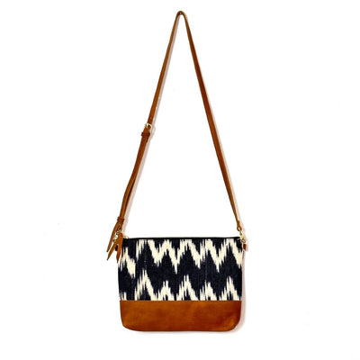 Volcano Azul Ikat Clutch Cross Body with Tan Leather (1" base)