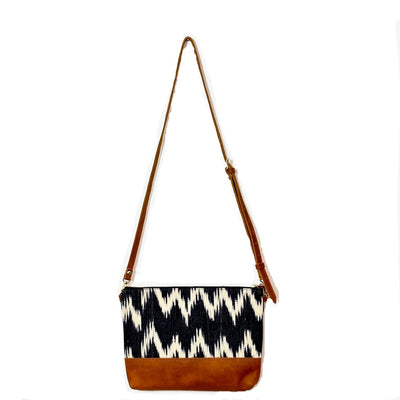 Volcano Azul Ikat Clutch Cross Body with Tan Leather (1" base)