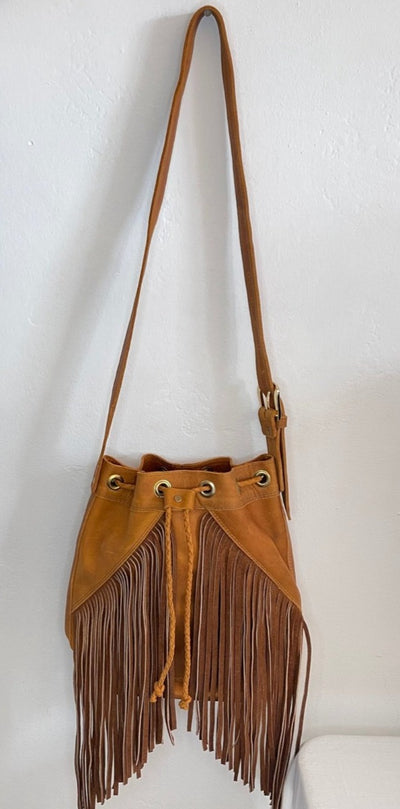 Cowhide Tan Leather Fringe Bucket Bag