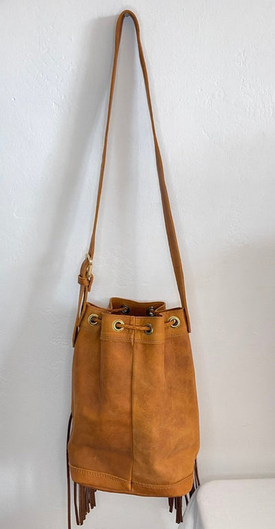 Cowhide Tan Leather Fringe Bucket Bag