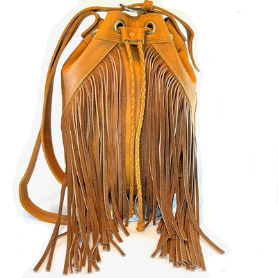 Cowhide Tan Leather Fringe Bucket Bag