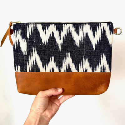 Volcano Azul Ikat Clutch Cross Body with Tan Leather (1" base)