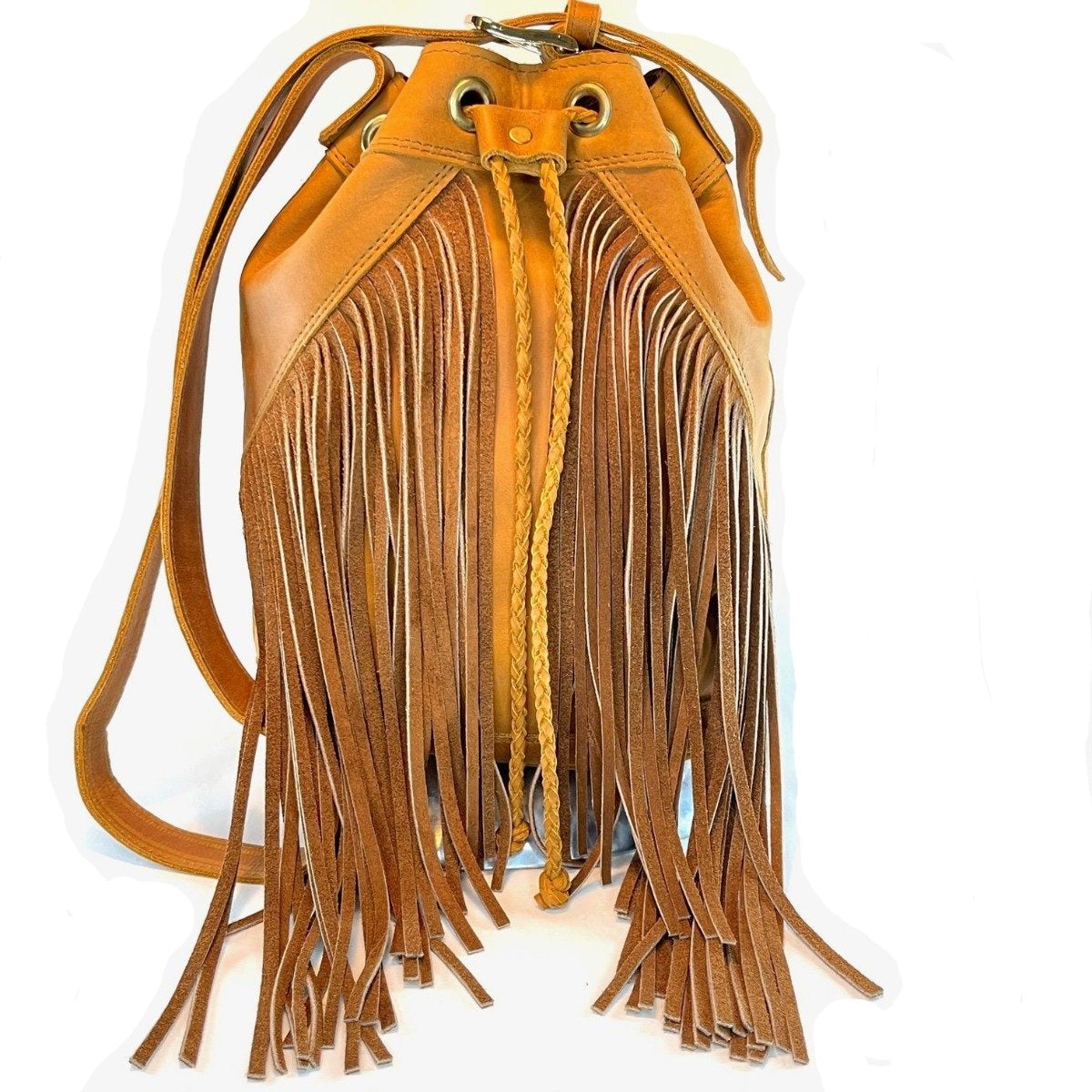 Cowhide Tan Leather Fringe Bucket Bag