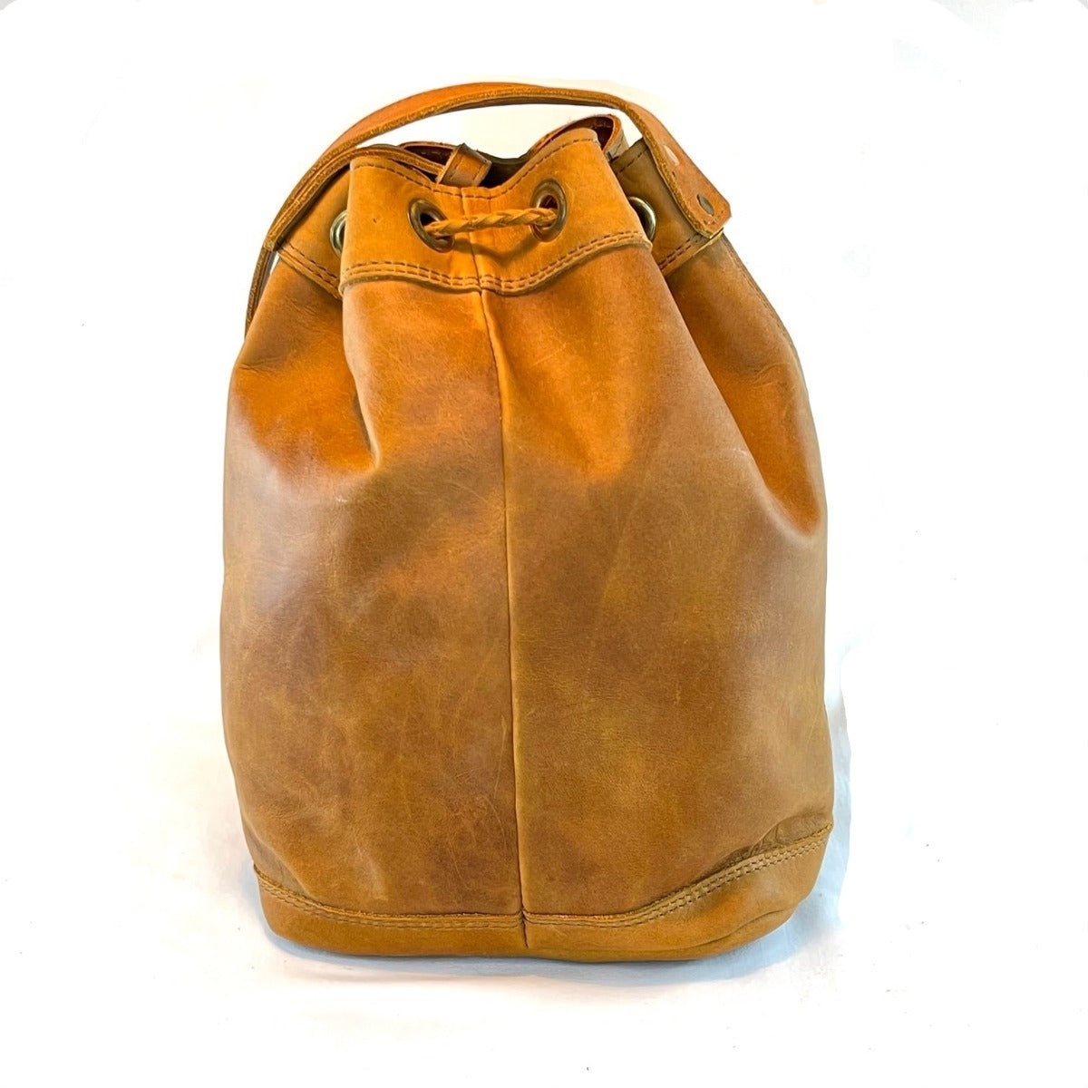 Genuine Leather Bucket Handbag with Braided Tassel Fringe - Brown - 4171